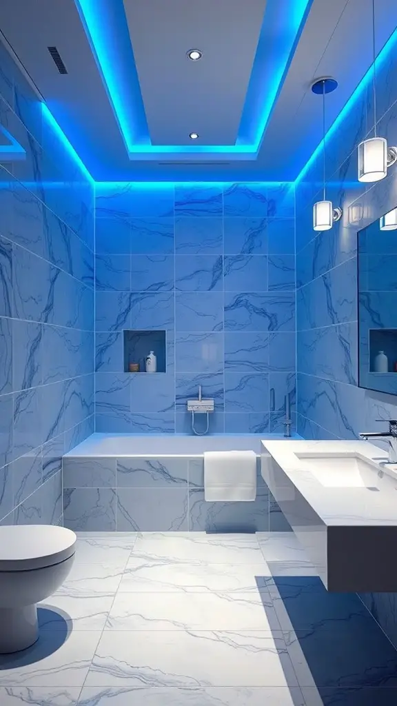 A modern bathroom featuring luxurious blue lighting fixtures, marble walls, and sleek white fixtures.