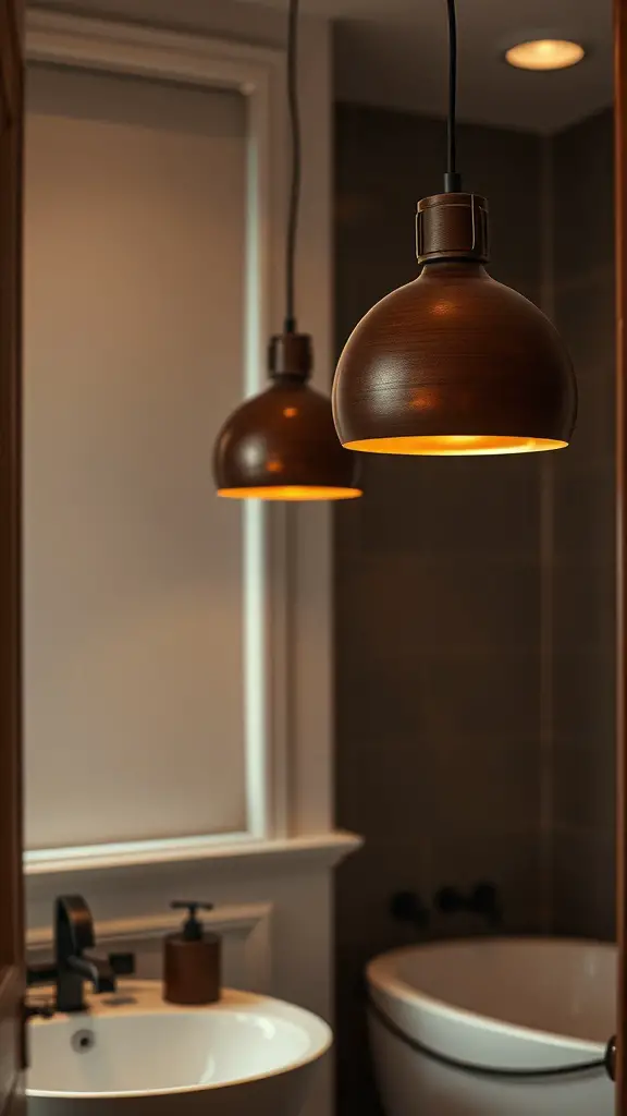 Two stylish chocolate brown pendant lights illuminating a cozy bathroom setting