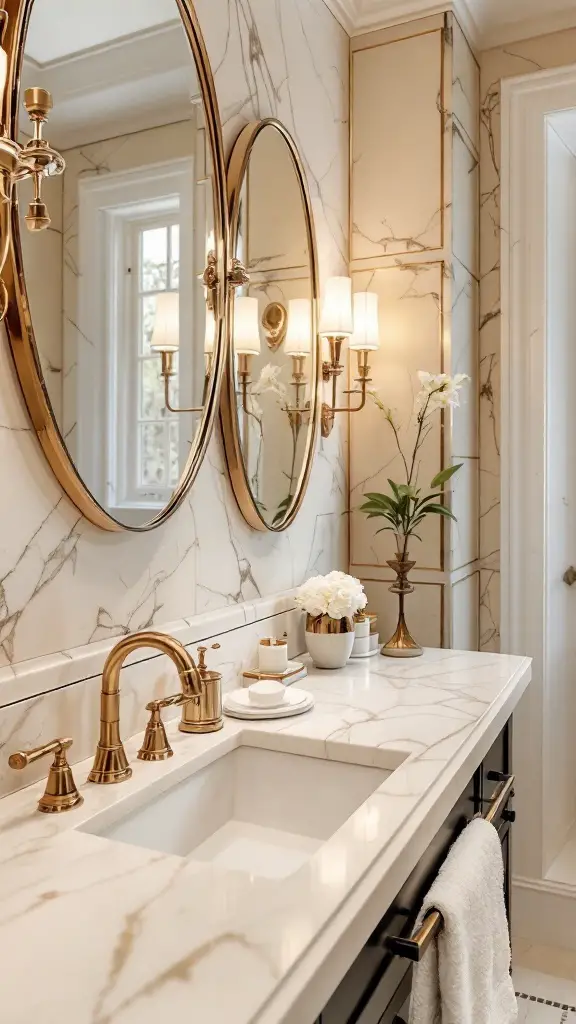 Luxurious cream marble bathroom countertop with gold fixtures and elegant design