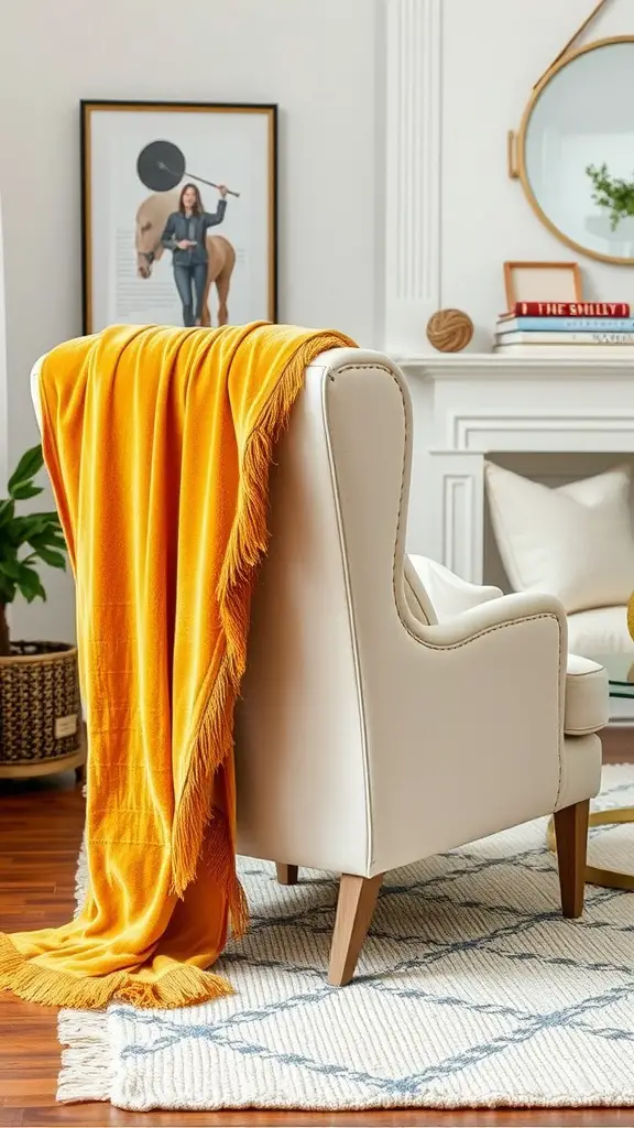 A luxurious gold throw blanket draped over a light-colored chair in a stylish living room setting.