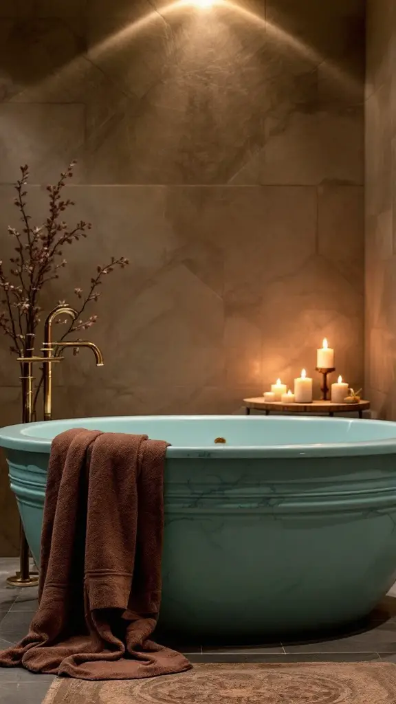 A luxurious teal bathtub surrounded by chocolate-colored accents, candles, and floral wallpaper.