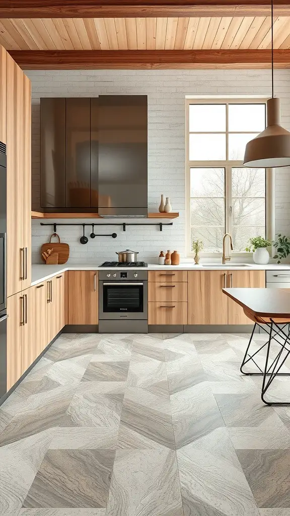A modern kitchen featuring luxury vinyl tile flooring with a geometric design, wooden cabinetry, and black appliances.