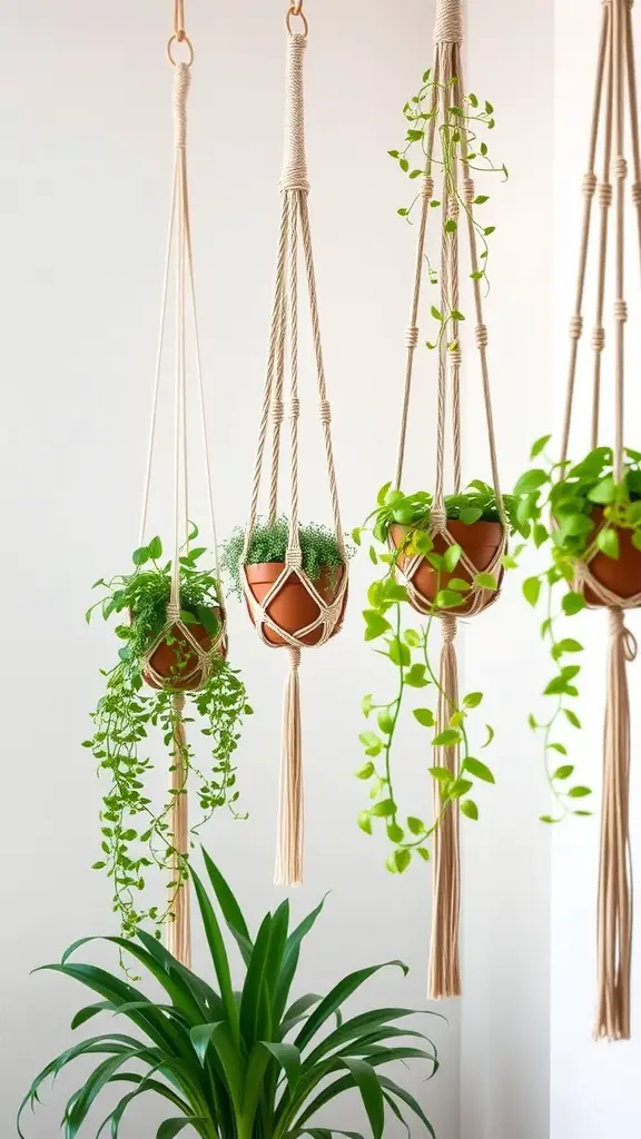 Three macramé plant hangers with green plants in them, hanging against a light wall.