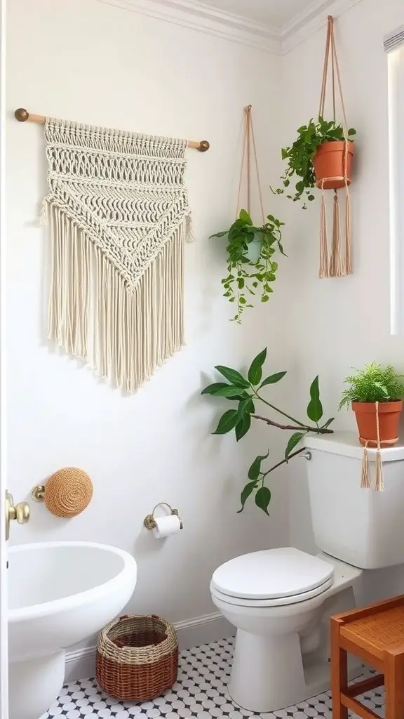 A cozy bathroom featuring macramé plant hangers, earthy plants, and woven accessories.