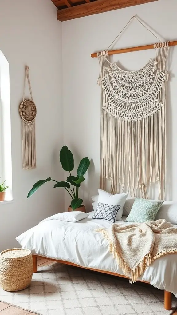 Cozy bedroom featuring large macramé wall hanging above a bed, with pillows, a plant, and a woven basket