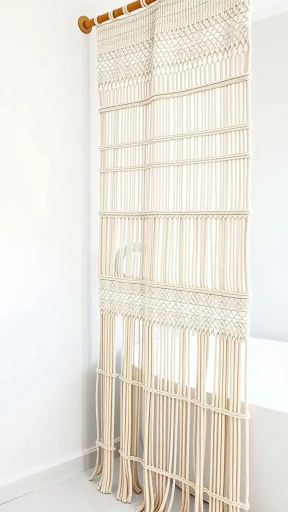 Macrame bathroom curtain with intricate knots and patterns