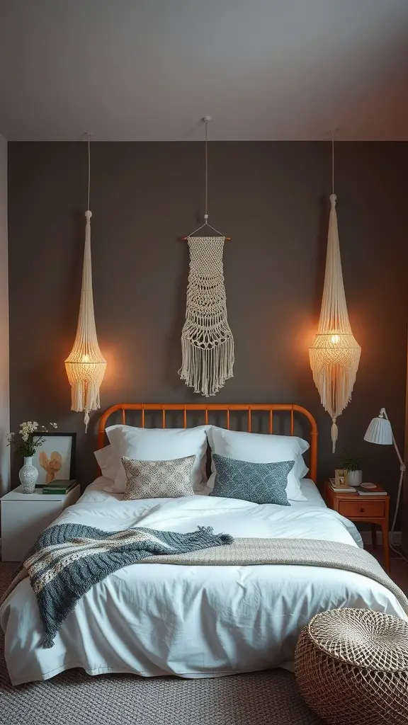 A cozy bedroom featuring macrame hanging light fixtures above the bed, with earthy tones and decorative elements.