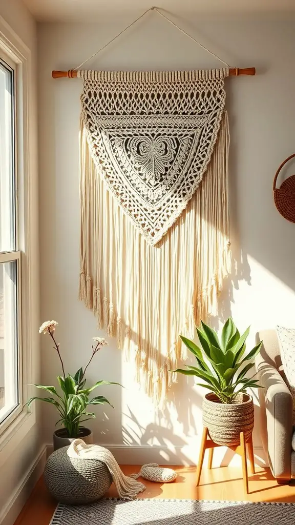 A macrame wall hanging in a sunny room, with potted plants and a cozy chair.