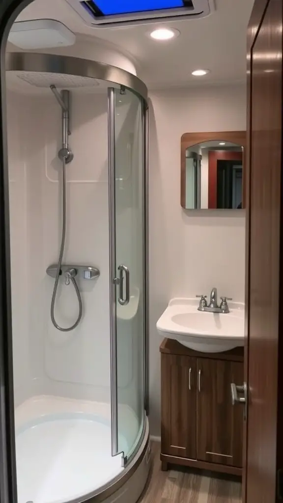 A compact bathroom in a small camper featuring a glass shower enclosure, a sink with a wooden cabinet underneath, and a mirror.