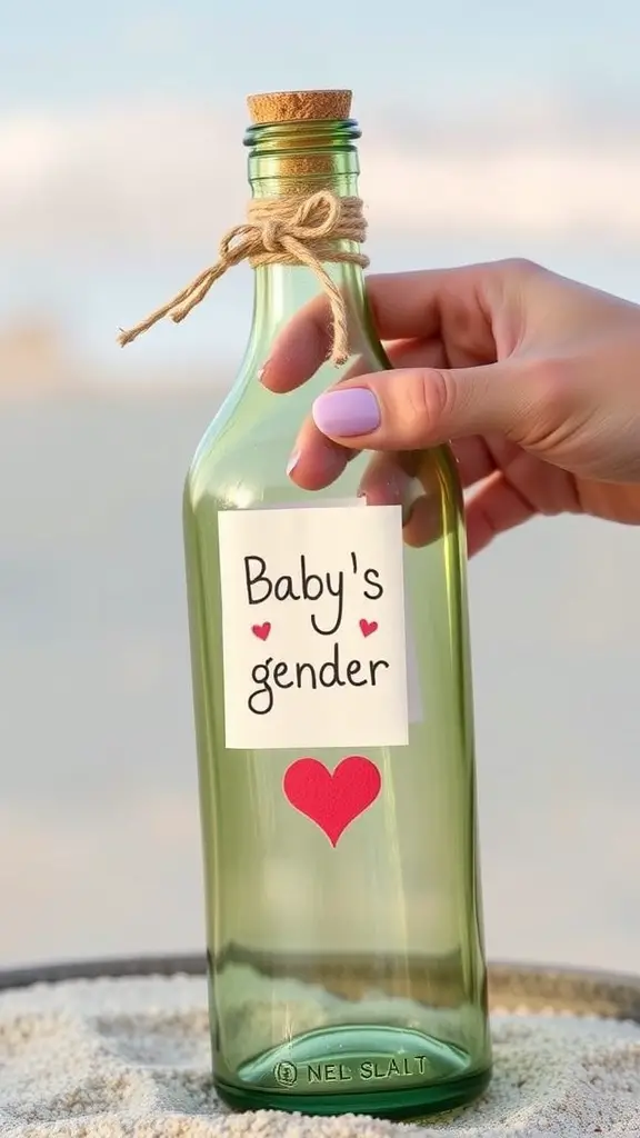 A hand holding a bottle with a playful label, set against a beach backdrop.