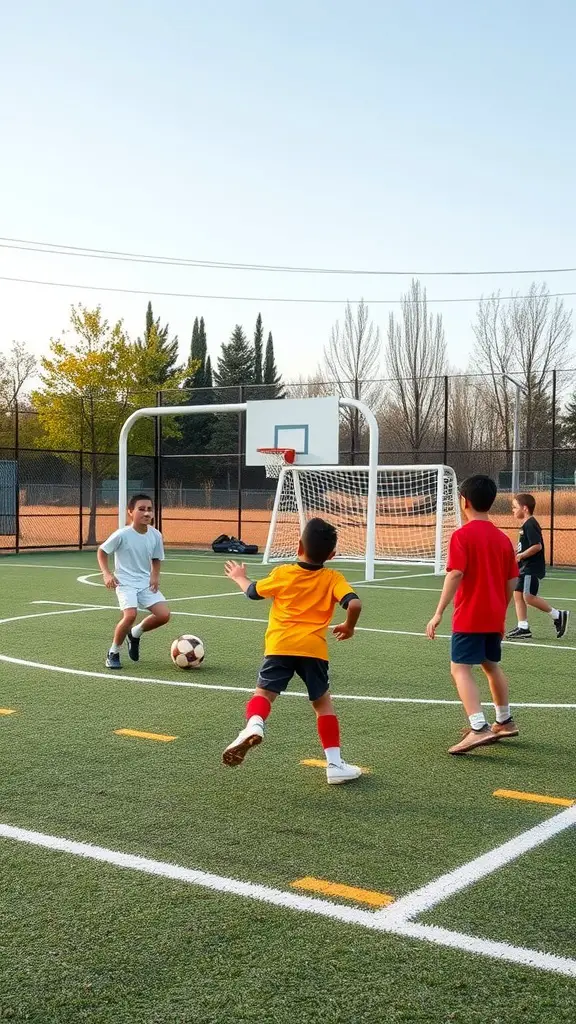 Kids playing soccer on a mini sports field with a basketball hoop in the background.