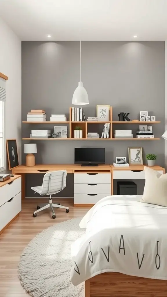 A minimalist teenage room featuring light wood furniture, a spacious desk, and natural light.