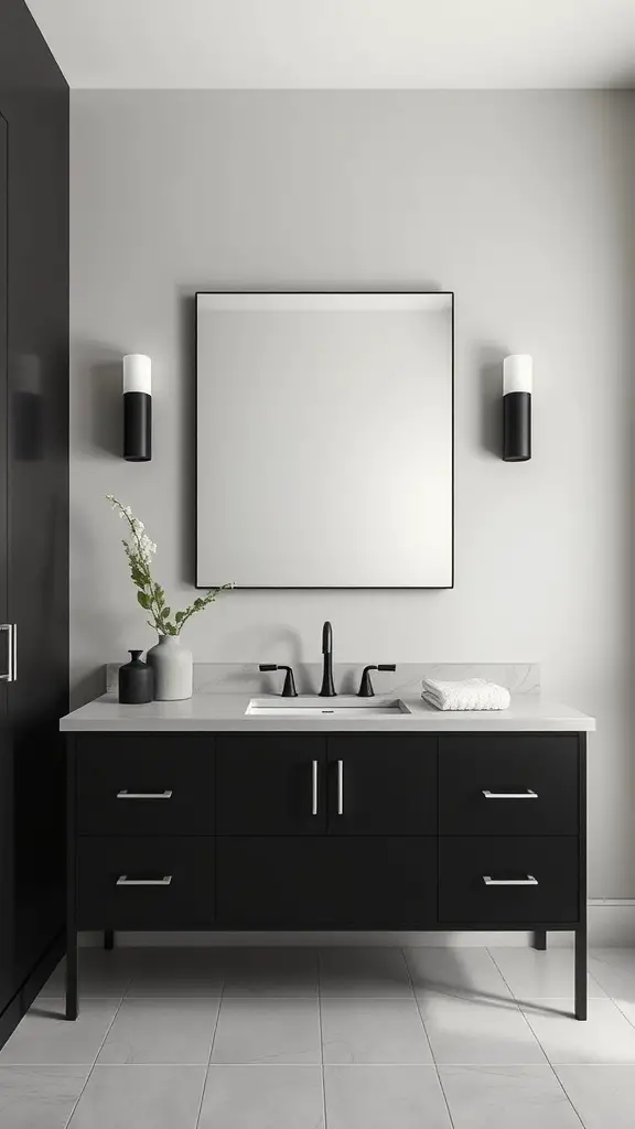 A modern bathroom featuring a dark chocolate vanity with clean lines, light countertop, and minimalist decor.