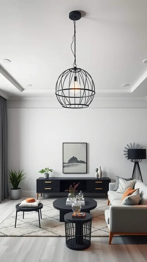 A minimalist living room featuring a black wire pendant light, a grey sofa, and modern decor.