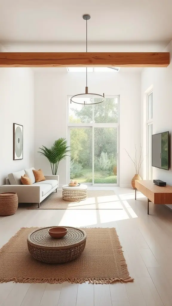 A bright and airy room with minimalist decor featuring a sofa, woven rugs, and natural light.