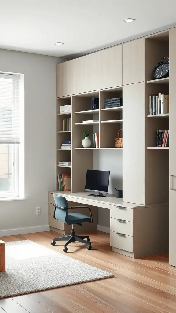 Minimalist room design featuring a desk, shelves, and a chair.