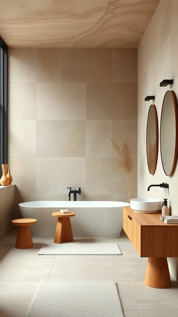 Minimalist bathroom design featuring organic shapes and earthy tones