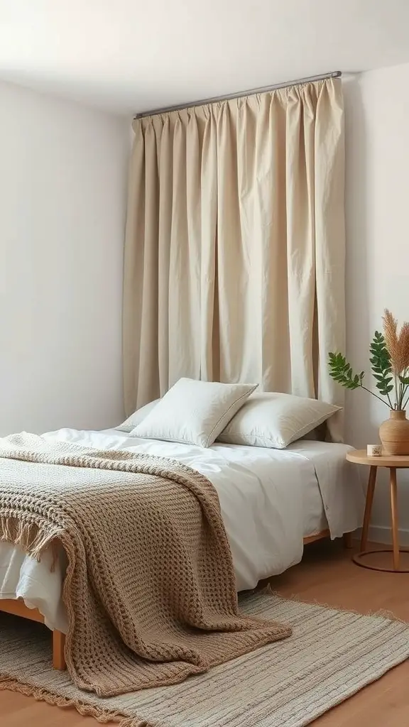 A minimalist bedroom featuring a bed with textured fabrics, a knitted throw, a round side table with a plant, and soft beige curtains.