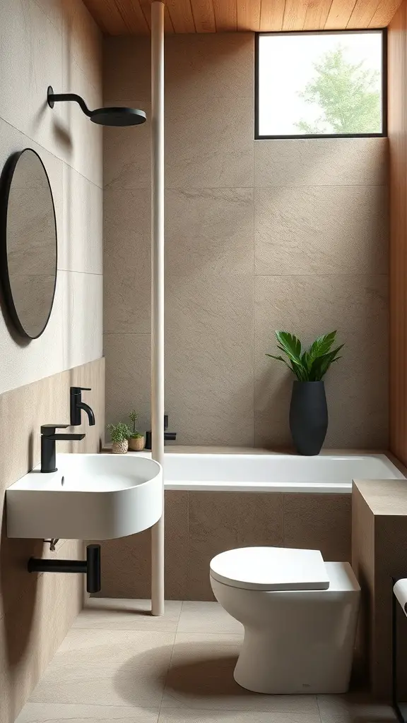 A modern half bathroom featuring minimalist fixtures, earthy tones, and natural lighting.