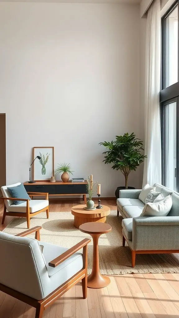 A minimalist living room featuring a low-profile couch, wooden coffee table, and various decorative elements like plants and vases.