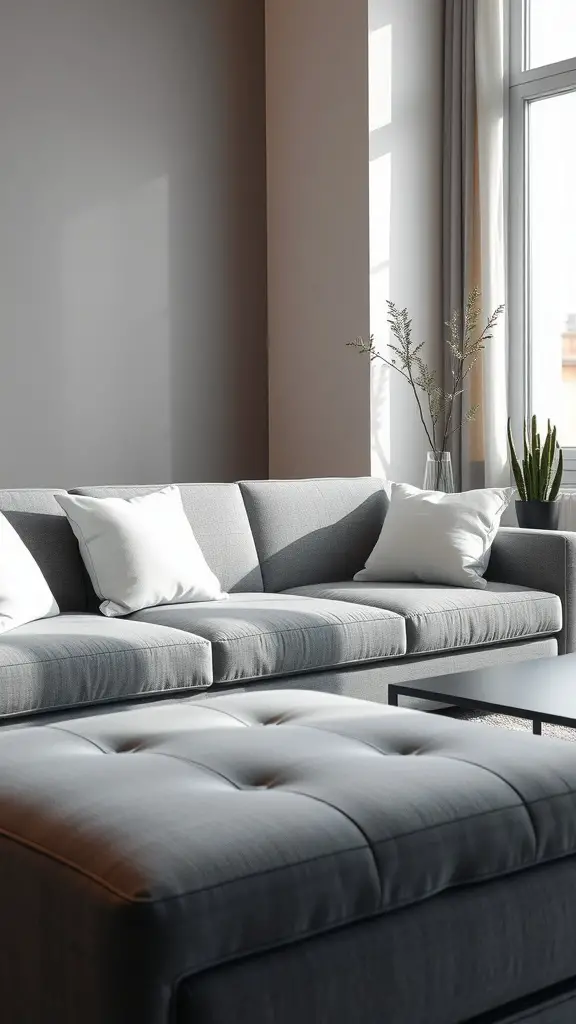 A minimalist grey sofa with white accent pillows in a stylish living room setting, featuring natural light and a simple coffee table.