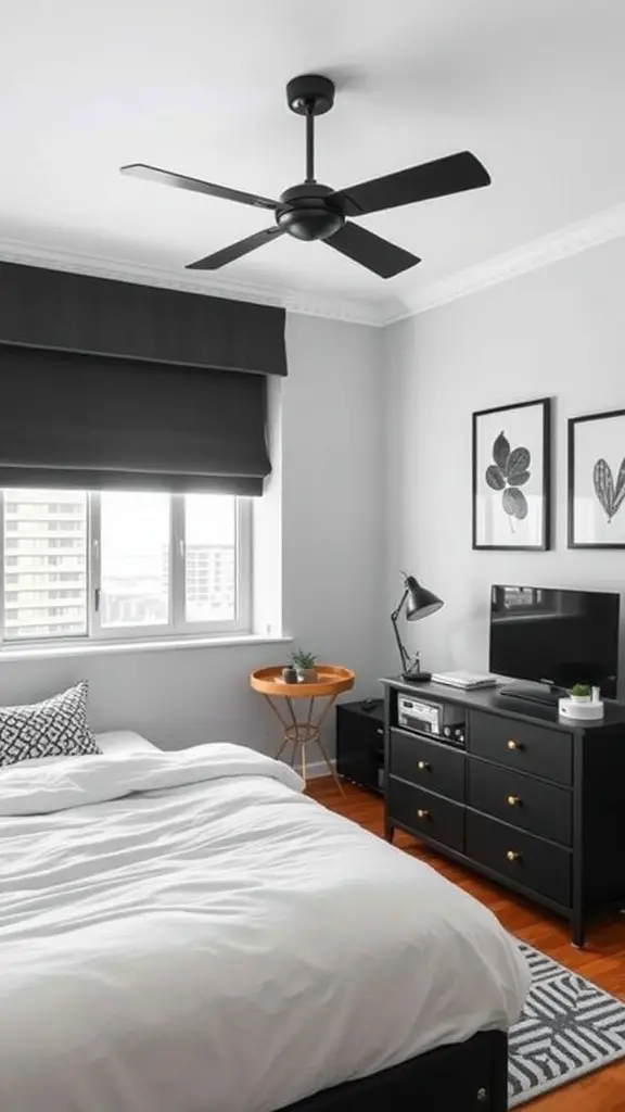 A minimalist monochrome living room featuring white and black furniture, large windows, and bold wall lettering.
