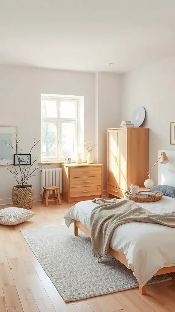 A minimalist Scandinavian bedroom with light wood furniture, neutral colors, and a cozy atmosphere.