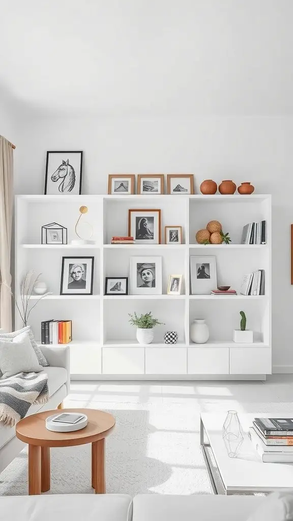 A minimalist white shelving unit displaying framed photos and decorative items in a living room.