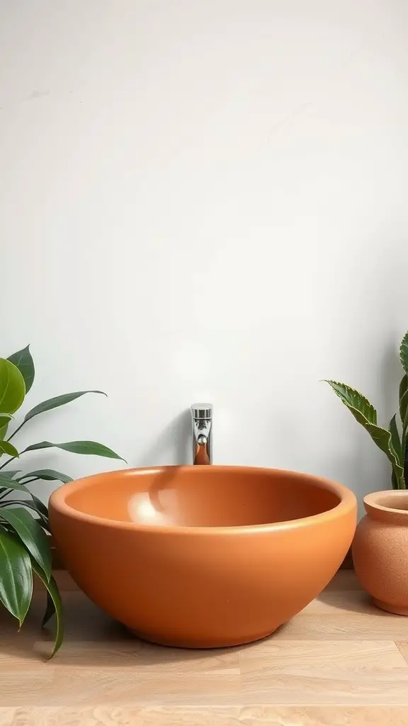 A round terracotta basin beside green plants in a bathroom.