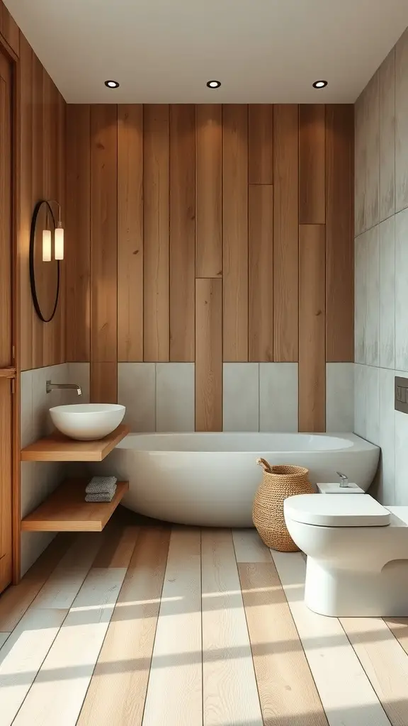 A minimalist bathroom featuring wooden accents with a sleek tub, sink, and soft lighting.