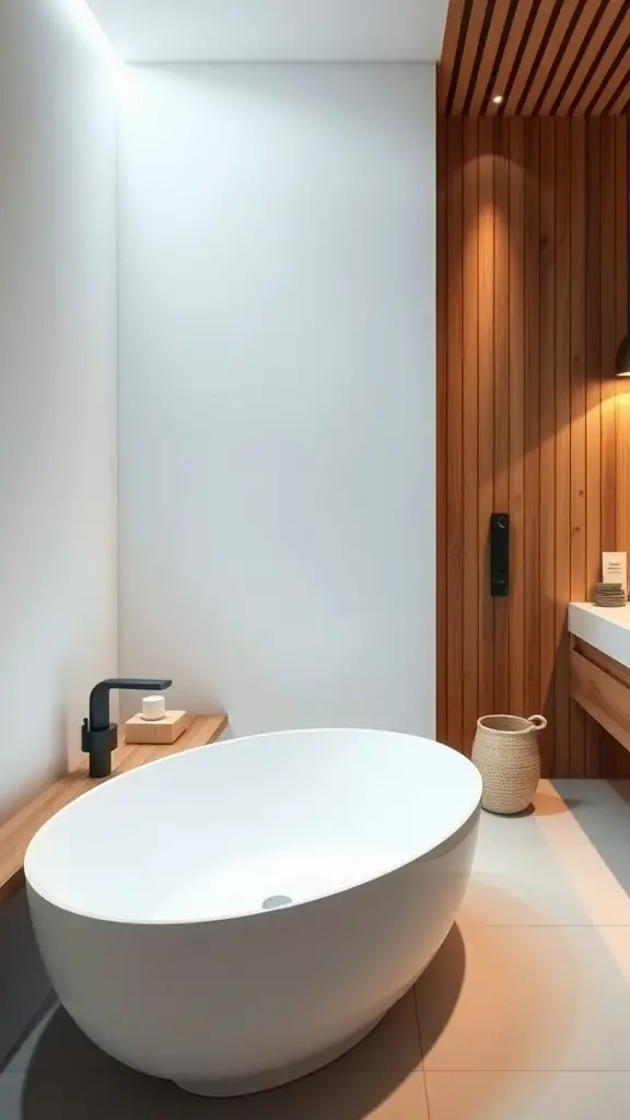 Minimalist zen bathtub with wooden accents in a simple bathroom setting.