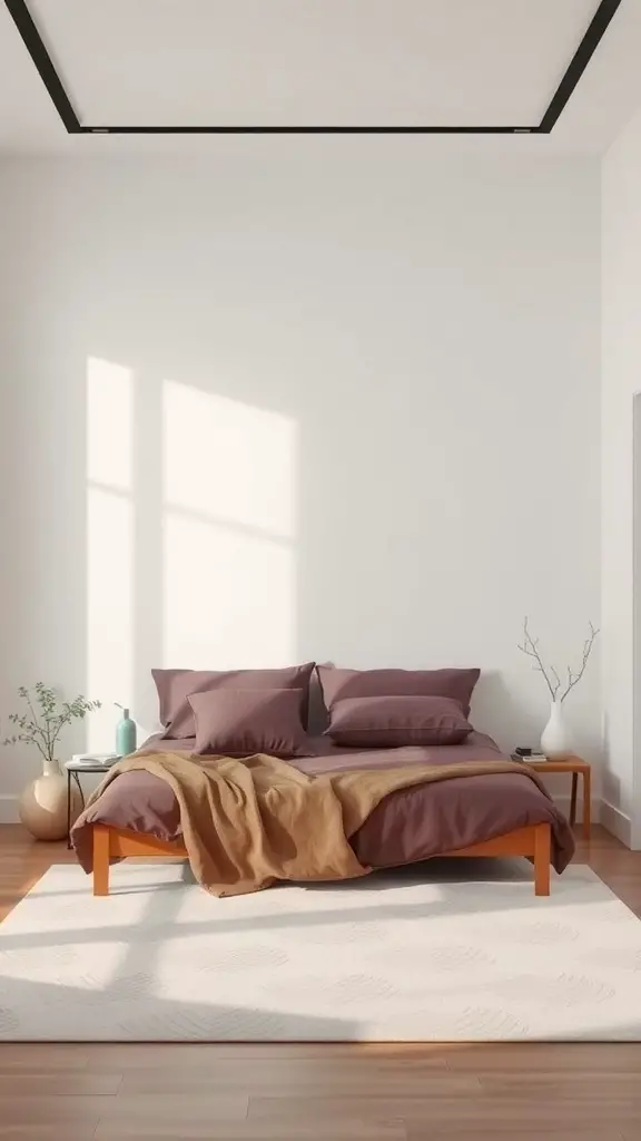 A minimalist zen bedroom featuring a purple bedspread, wooden bed frame, and simple decor with natural light.