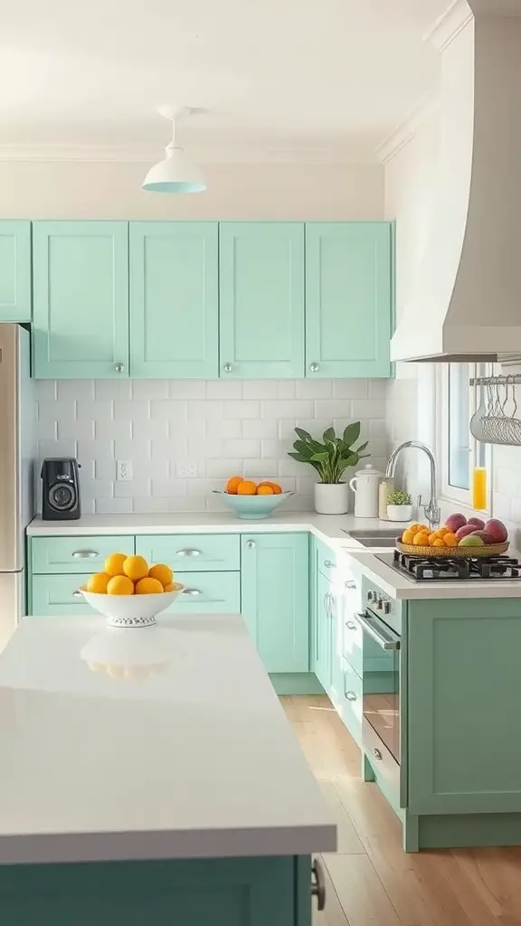 Bright kitchen with mint green cabinets, white countertops, and fruit bowls.