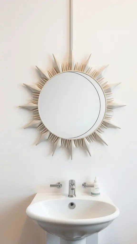 A beautifully designed sun-shaped mirror above a modern sink in a bathroom