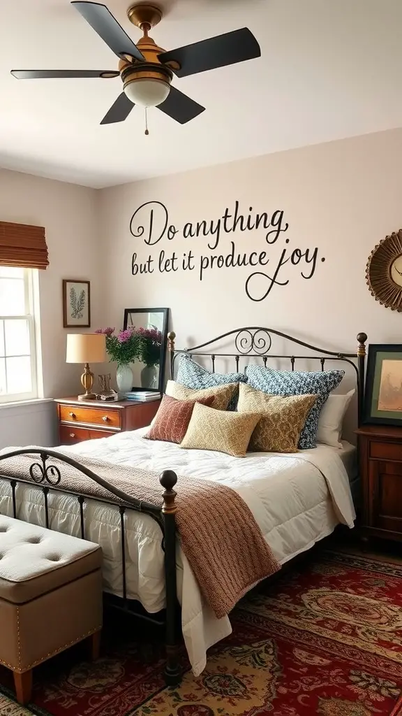 A cozy bedroom featuring a mix of vintage and modern decor with wooden furniture, colorful bedding, and artistic wall decor.