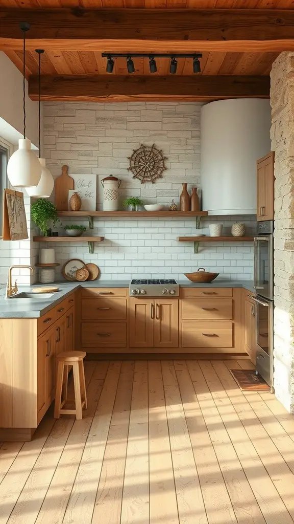 A rustic kitchen featuring wooden cabinets, open shelving, and modern lighting.