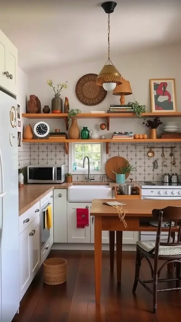A cozy kitchen featuring a blend of vintage and modern elements with wooden shelves, hanging plants, and a traditional rug.