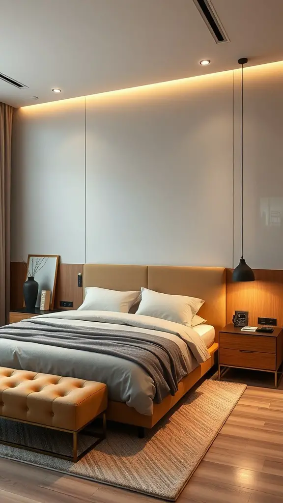 A minimalist bedroom featuring neutral tones, large windows, and simple furnishings.