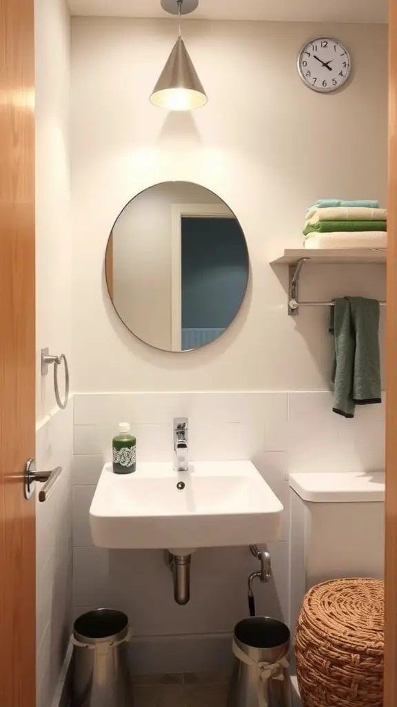 A minimalistic half bathroom featuring a wooden ceiling, neutral tile walls, and eco-friendly fixtures.