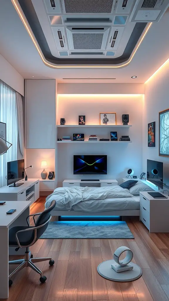 A modern tech-inspired bedroom featuring ambient lighting, dual monitors, and a sleek desk.