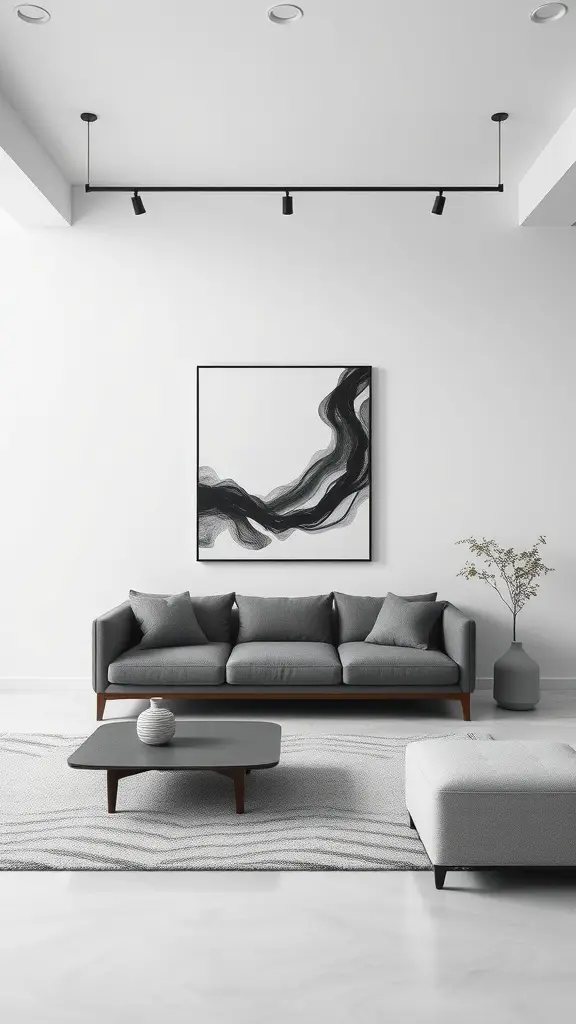 Minimalist living room featuring a monochromatic art display above a gray sofa, with a coffee table and subtle decorations.