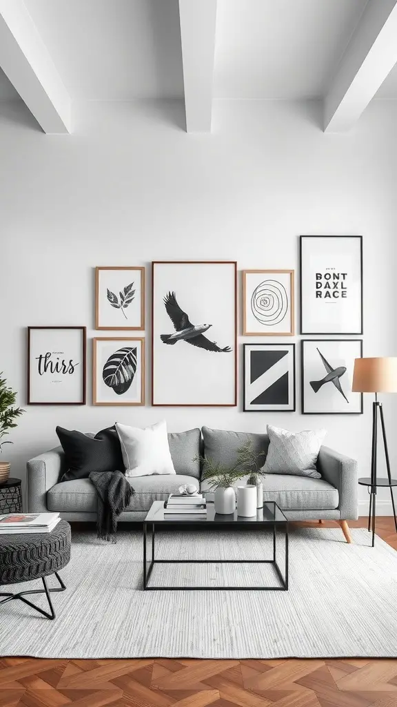 A stylish monochrome gallery wall featuring various black and white framed artworks in a modern living room setting.