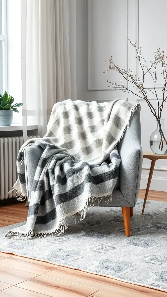 A stylish grey and white striped throw blanket draped over a light grey chair in a cozy living room setup.