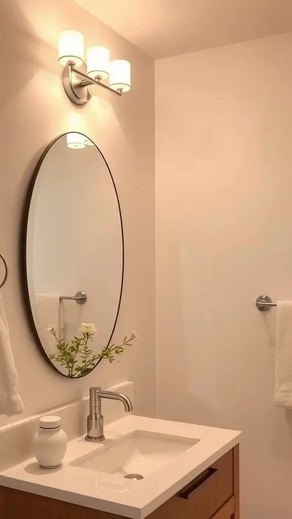 A cozy bathroom with warm lighting, a round mirror, and a plant.