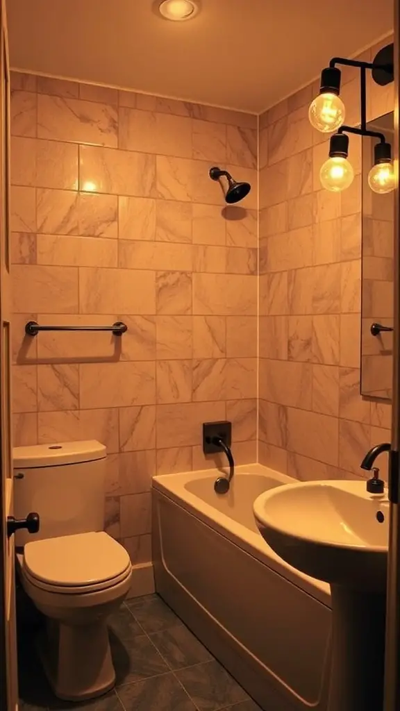 A cozy bathroom featuring Edison bulbs and modern fixtures, highlighting a warm atmosphere.