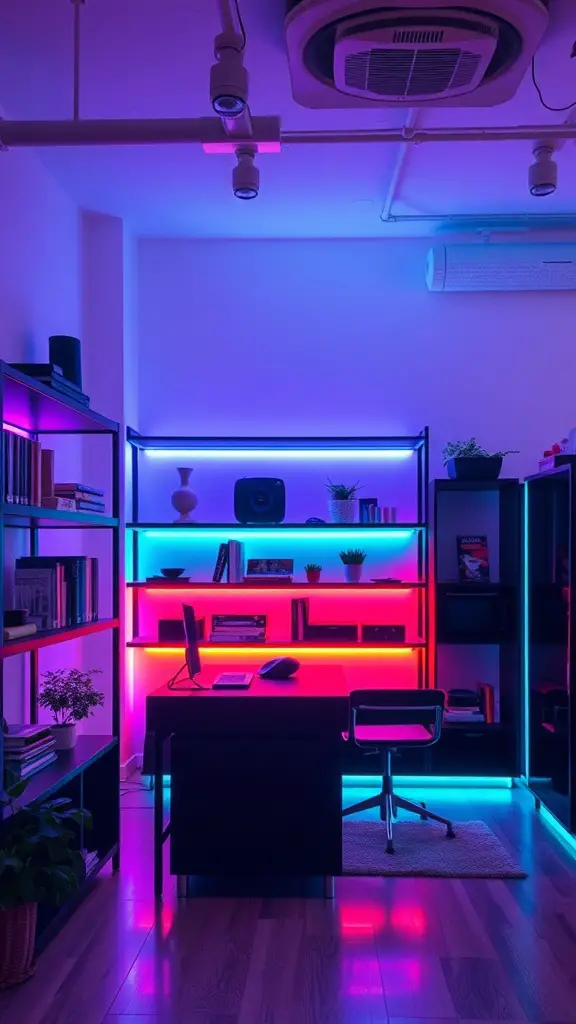 A stylish room featuring LED strips highlighting shelves and a desk, creating a vibrant and modern atmosphere.