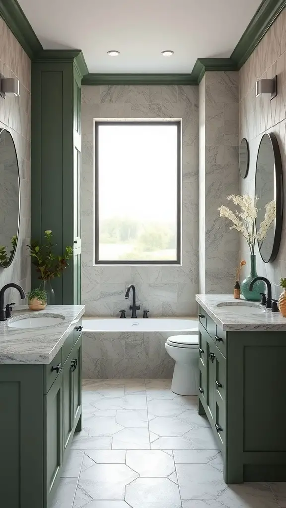 A modern bathroom featuring moss green cabinetry and stone gray walls, illuminated by natural light from a large window.