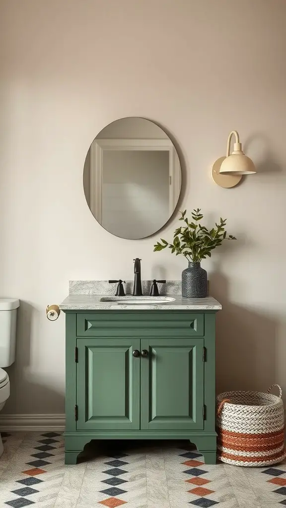 A moss green bathroom cabinet with a white countertop, round mirror, and potted plant, enhancing the natural and rustic feel of the bathroom.