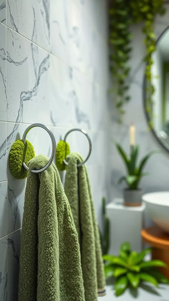 Bathroom with mossy textured towel hooks and white towels hanging.