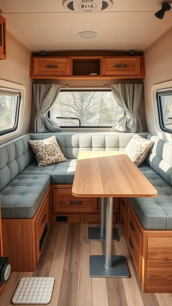 Cozy camper interior with seating area and table